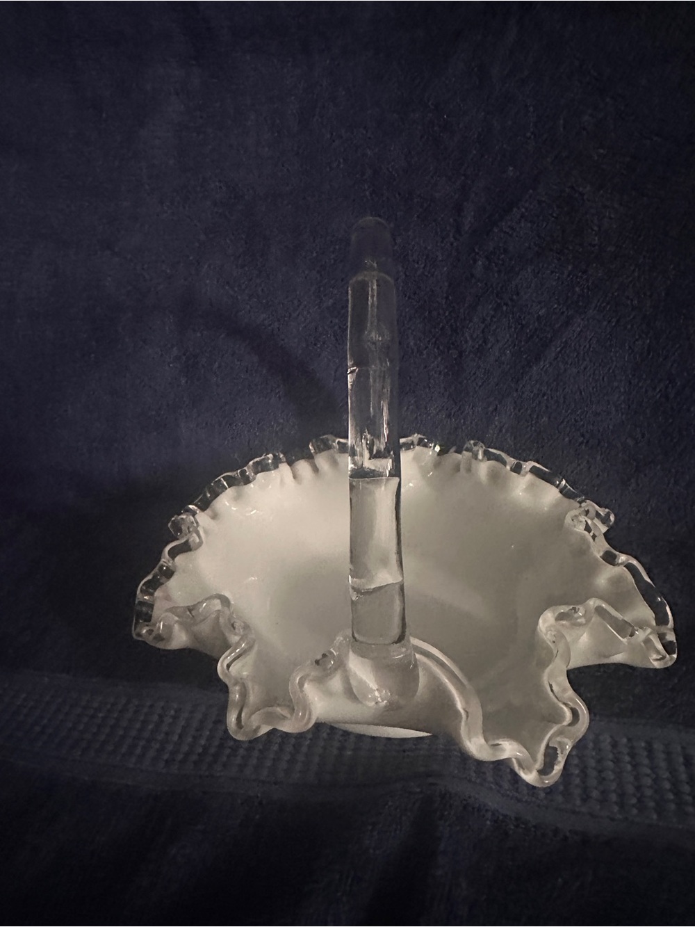 Fenton White Milk Glass Ruffled Basket with Clear Handle